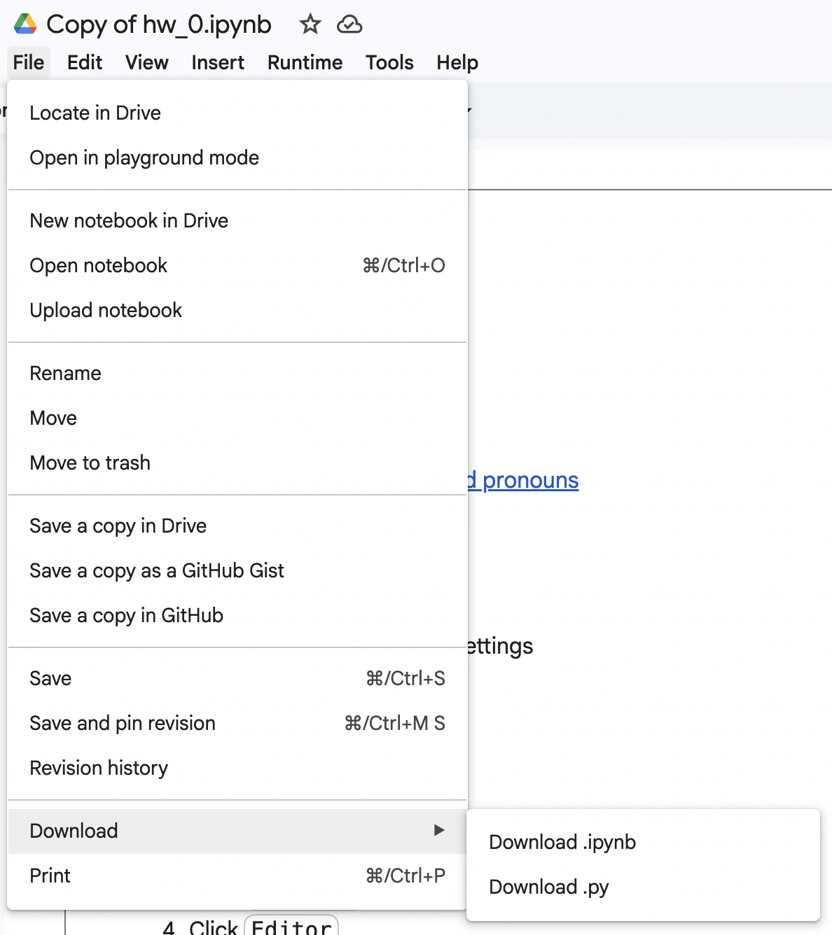 Click the Colab File menu, Download, then Download as .ipynb and Download as .py